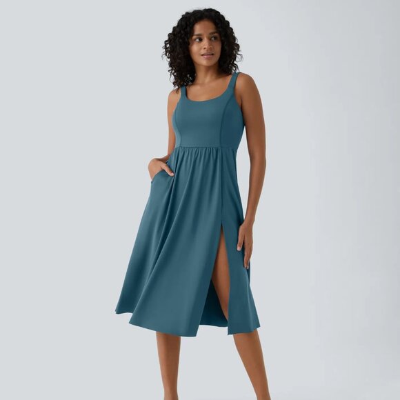 HALARA Dresses & Skirts - Halara Twisted Cut Out Split Hem Midi Casual Dress in Majolica Blue Size L NWT